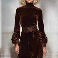 Brown Lace Long-Sleeve Slim-Fit Patchwork Maxi Dress