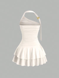 One-Shoulder Halterneck Slimming Waist-Cinching Pleated Skirt Pure And Alluring Versatile Off-Shoulder Dress
