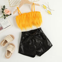 Furry Sling Top Solid Color Open Bag Leather Pants Suit With Belt