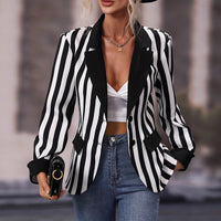 Womens Striped Slim-Fit Lapel Long-Sleeve Jacket