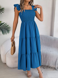 Women's Solid Color Square Neck Ruffle Trim Tie Waist A-Line Maxi Dress