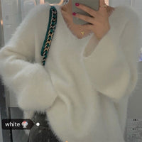 Women's Pure Color All-matching V-neck Off-shoulder Pullover