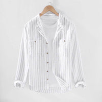 Stripe Double Pocket Chinese Style Stand Collar Casual Cotton Linen Long Sleeve Blouse