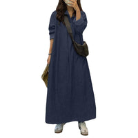 Solid-color Lapel Long-sleeve Button-front Loose-fitting Maxi Denim Dress