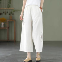 Cotton-linen Solid-color Elastic-waist Loose-fitting Multi-color Straight-leg Wide-leg Pants