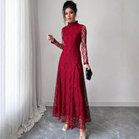 Half-high Neck Spliced Lace Sexy Long-sleeve Maxi Dress