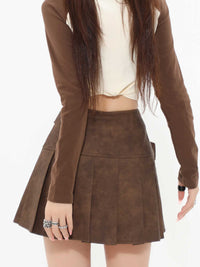 PU Leather Skirt High Waist Slimming A- Line Pleated Skirt