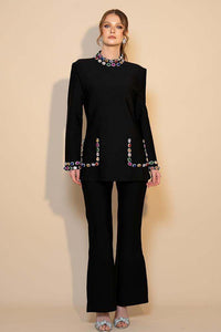 Fitted-waist Long-sleeve Jacket And Wide-leg Pants Two-piece Set For Women