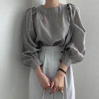 Women's Solid Color French Simplicity Round Neck Puff Sleeve Shirt