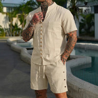 Stand-collar Solid-color Short-sleeve Shirt Set