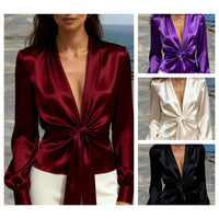 Elegant V-neck Satin Womens Blouse With Long Sleeves And A Tie Detail