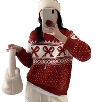 Women's Korean-style Vintage Jacquard Round Neck Sweater With Bow