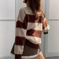 Idle Style Striped Contrast Color Autumn Round Neck Pullover Dinified Sweater
