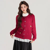 Red Embroidered Button Front Long Sleeve Knitted Cardigan Women's Sweater