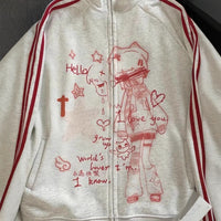 Striped Anime-Print Zip-Up Hoodie With Long Sleeves And A Hood
