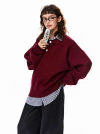 False Two-piece Patchwork Polo Collar Sweater Women's Loose Sweater