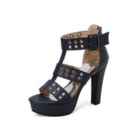 Peep-Toe Chunky Heel Ultra-High Heel Hollow-Out Back Zip High-Heel Sandals Leather Strap Buckle Ankle Boots