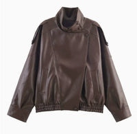 Womens Fashion Faux-leather Jacket With A Stand-up Collar From Europe And The US