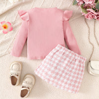 Girl's Long-sleeved Top With Plaid Bow Short Skirt Set