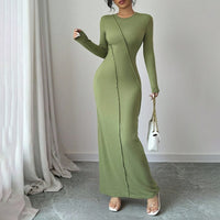 Casual Slim-fit Solid-color Long-sleeve Crew-neck Sheath Dress