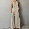 Khaki Cotton-Linen Hollowed-Out Lace-Up Sleeveless Halter Vest And Wide-Leg Pants Set