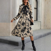 Womens Mid-Length A-Line Dress With Long Sleeves Neck Tie And Lacing