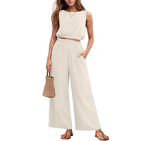 Womens Casual Round-Neck Sleeveless High-Waist Wide-Leg Two-Piece Set With Elastic Hem