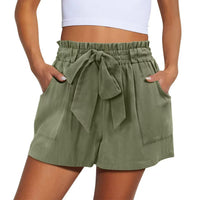 Summer New Elastic Waist Drawstring Knotted Short Solid Color Casual Women