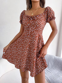 Women   Casual Bell Sleeve Drawstring Tie Flowy Floral Print Dress