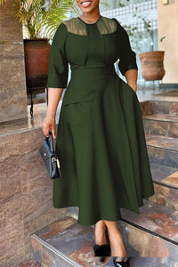 Womens Waist-Cinching Full-Skirted Solid-Color Dress