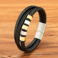 Multi-layer Mens Leather Braided Rope Stainless Steel Bracelet