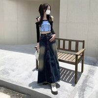 Retro White Stitching Draping Denim Mid-length Skirt