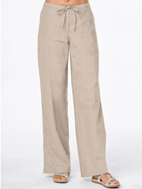 Solid-color Drawstring-pocket Loose Casual Wide-leg Linen Pants