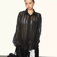 Women's Pleated Micro-transparent Plaid Long-sleeved Shirt Summer New