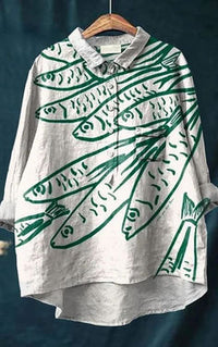 Women's Retro Fish Art Print Lapel Long Sleeve Shirt