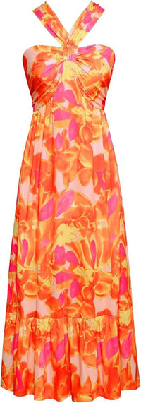 Cross-strap Halterneck Sleeveless Floral Maxi Dress