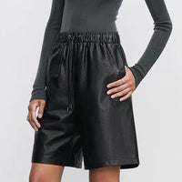 Sheepskin Elastic Waistband All-match Casual Straight-leg Leather Shorts Women