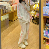 Cat Embroidery Two Bars Girl Heart Sports Suit Fleece Padded Coat Trousers Two-piece Set