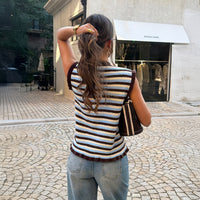 Contrast-color Striped Cap-sleeve Cardigan Sweater