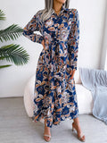 Women  Vintage Floral Print Lapel Tie Waist Shirt Maxi Dress