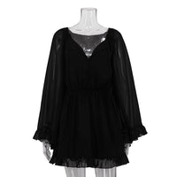 Simple And Sweet Solid-color Chiffon Round-neckline Cinched-waist Lace-panel Long-sleeve Short Dress