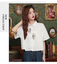 Women's Summer Loose Chinese Style Embroidery Short Shirt Top