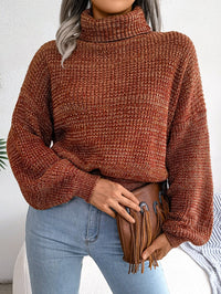 Women Mixed Color Lantern Sleeve Turtleneck Knit Sweater