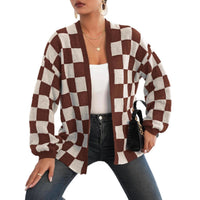 Womens Casual Loose Sweater Coat With A Checkerboard Pattern