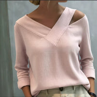 Elegant Off-the-shoulder V-neck Solid-color Long-sleeve Top