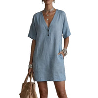 Casual Comfortable Cotton-Linen Pocket Dress With Buttons