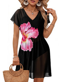 Womens Short-Sleeve Waist-Cinching Mesh Dress