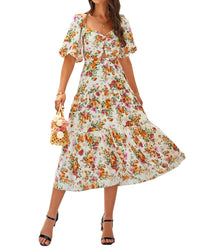 Digital-Print Bohemian Floral Patchwork Mid-to-High-Waist Dress