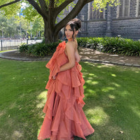 Three-dimensional Floral Halter-neck Backless Ruffled Maxi Dress