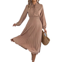 Elegant Lace-Up Lantern-Sleeve Long Pleated Dress
